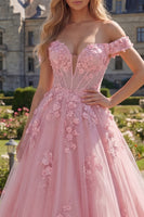 Load image into Gallery viewer, Off the Shoulder Floral A Line Pink Corset Long Prom Dress
