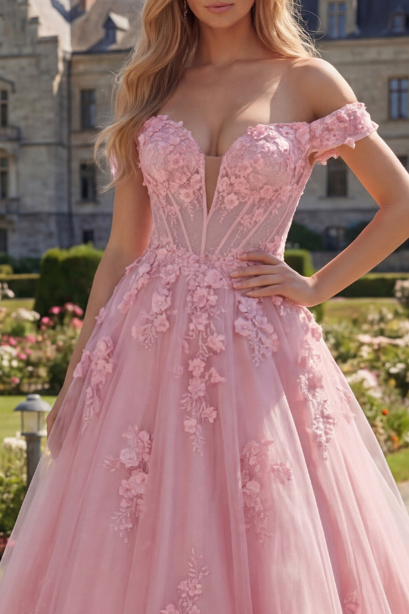 Load image into Gallery viewer, Off the Shoulder Floral A Line Pink Corset Long Prom Dress