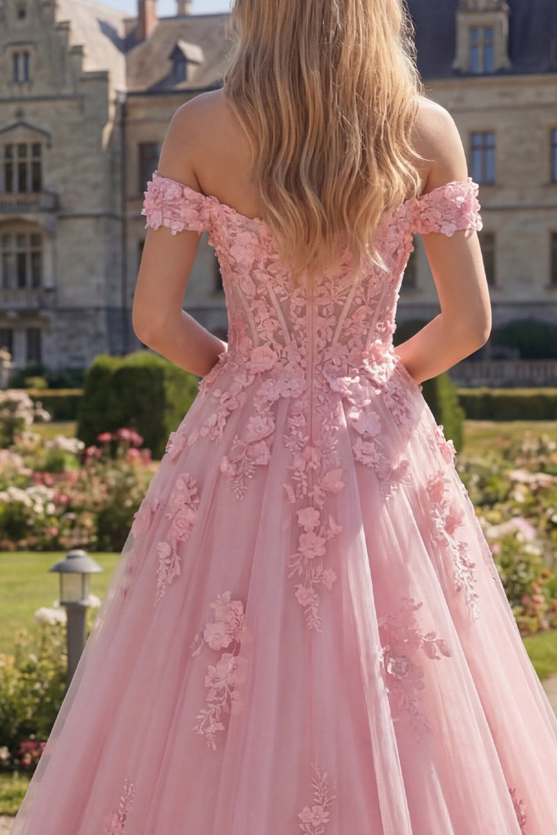 Load image into Gallery viewer, Off the Shoulder Floral A Line Pink Corset Long Prom Dress