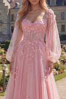 Load image into Gallery viewer, Long A Line Corset Floral Pink Long Sleeves Prom Dress