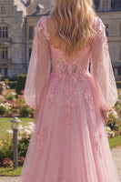 Load image into Gallery viewer, Long A Line Corset Floral Pink Long Sleeves Prom Dress