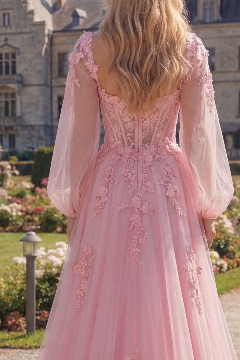 Load image into Gallery viewer, Long A Line Corset Floral Pink Long Sleeves Prom Dress