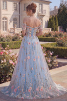 Load image into Gallery viewer, High Low Off the Shoulder Floral A Line Blue Corset Prom Dress