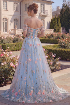 High Low Off the Shoulder Floral A Line Blue Corset Prom Dress