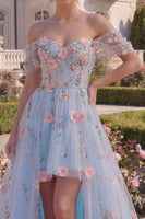 Load image into Gallery viewer, High Low Off the Shoulder Floral A Line Blue Corset Prom Dress