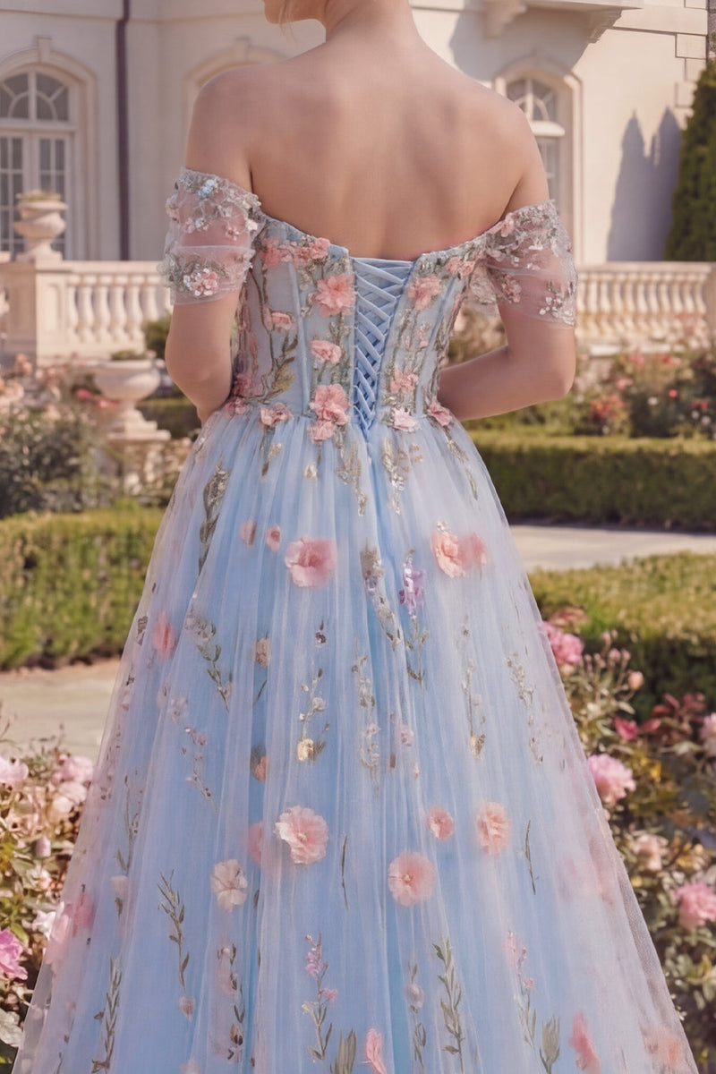 Load image into Gallery viewer, High Low Off the Shoulder Floral A Line Blue Corset Prom Dress