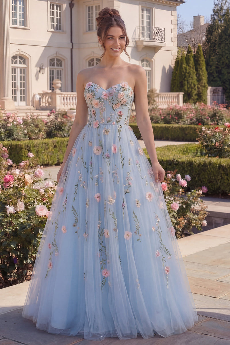 Load image into Gallery viewer, Blue Long Strapless A Line Floral Corset Prom Dress