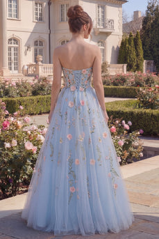 Blue Long Strapless A Line Floral Corset Prom Dress