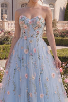 Load image into Gallery viewer, Blue Long Strapless A Line Floral Corset Prom Dress