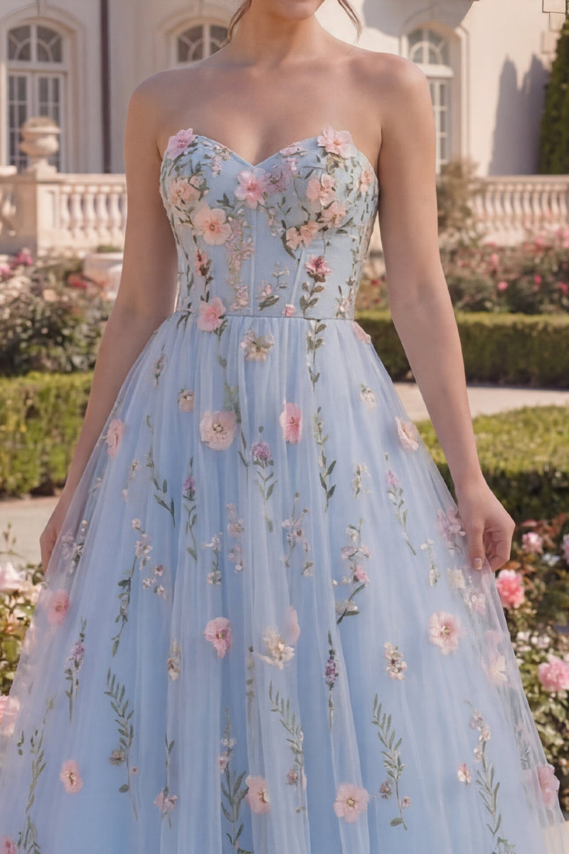 Load image into Gallery viewer, Blue Long Strapless A Line Floral Corset Prom Dress