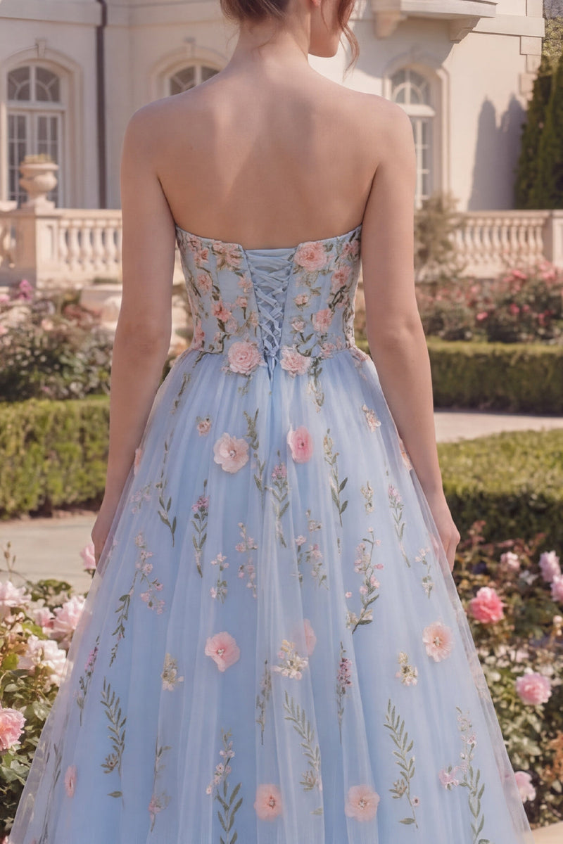 Load image into Gallery viewer, Blue Long Strapless A Line Floral Corset Prom Dress