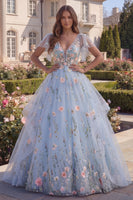 Load image into Gallery viewer, Floral Long V-Neck A Line Corset Blue Prom Dress with Ruffles
