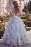 Load image into Gallery viewer, Floral Long V-Neck A Line Corset Blue Prom Dress with Ruffles