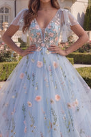 Load image into Gallery viewer, Floral Long V-Neck A Line Corset Blue Prom Dress with Ruffles