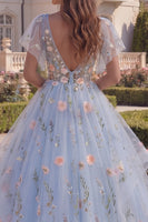 Load image into Gallery viewer, Floral Long V-Neck A Line Corset Blue Prom Dress with Ruffles