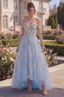 Load image into Gallery viewer, Off the Shoulder Floral A Line Asymmetrical Blue Corset Prom Dress