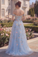 Load image into Gallery viewer, Off the Shoulder Floral A Line Asymmetrical Blue Corset Prom Dress