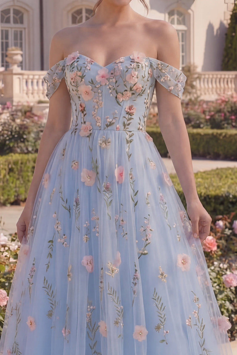 Load image into Gallery viewer, Off the Shoulder Floral A Line Asymmetrical Blue Corset Prom Dress