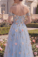 Load image into Gallery viewer, Off the Shoulder Floral A Line Asymmetrical Blue Corset Prom Dress