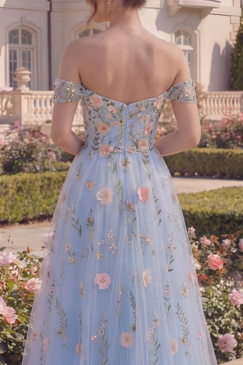 Load image into Gallery viewer, Off the Shoulder Floral A Line Asymmetrical Blue Corset Prom Dress