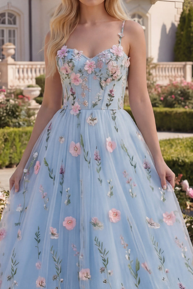 Load image into Gallery viewer, Blue A Line Floral Long Spaghetti Straps Corset Prom Dress