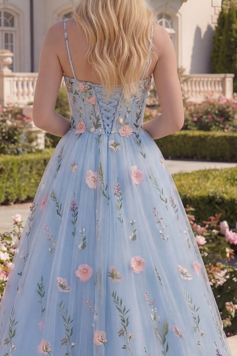 Load image into Gallery viewer, Blue A Line Floral Long Spaghetti Straps Corset Prom Dress