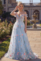 Load image into Gallery viewer, Cold Shoulder Corset A Line Floral Blue Long Prom Dress