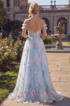 Cold Shoulder Corset A Line Floral Blue Long Prom Dress