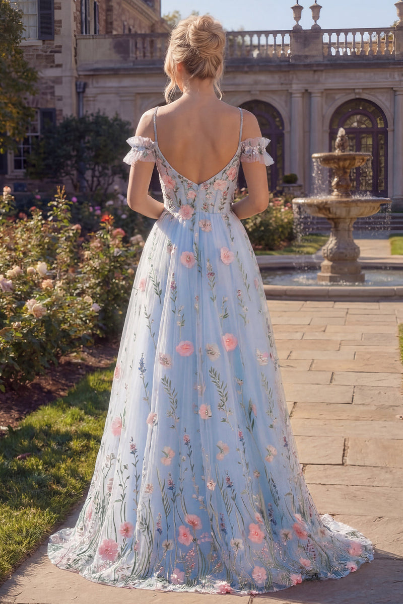Load image into Gallery viewer, Cold Shoulder Corset A Line Floral Blue Long Prom Dress