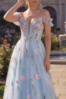 Load image into Gallery viewer, Cold Shoulder Corset A Line Floral Blue Long Prom Dress