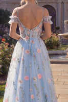 Load image into Gallery viewer, Cold Shoulder Corset A Line Floral Blue Long Prom Dress