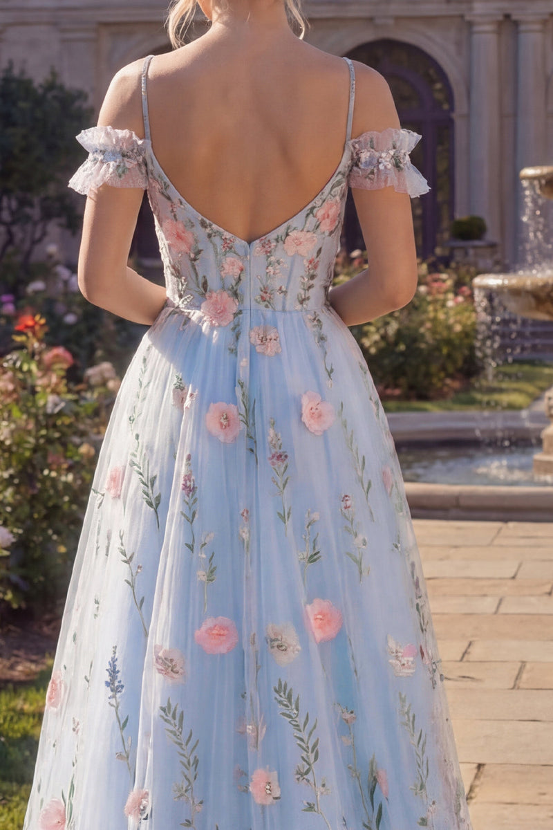 Load image into Gallery viewer, Cold Shoulder Corset A Line Floral Blue Long Prom Dress