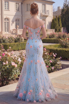 Long Off the Shoulder Floral Mermaid Blue Corset Prom Dress
