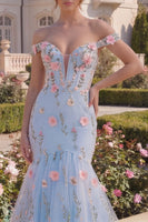 Load image into Gallery viewer, Long Off the Shoulder Floral Mermaid Blue Corset Prom Dress