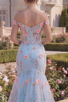 Load image into Gallery viewer, Long Off the Shoulder Floral Mermaid Blue Corset Prom Dress