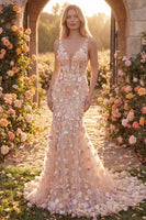 Load image into Gallery viewer, Champagne V-Neck Mermaid Long Floral Prom Dress