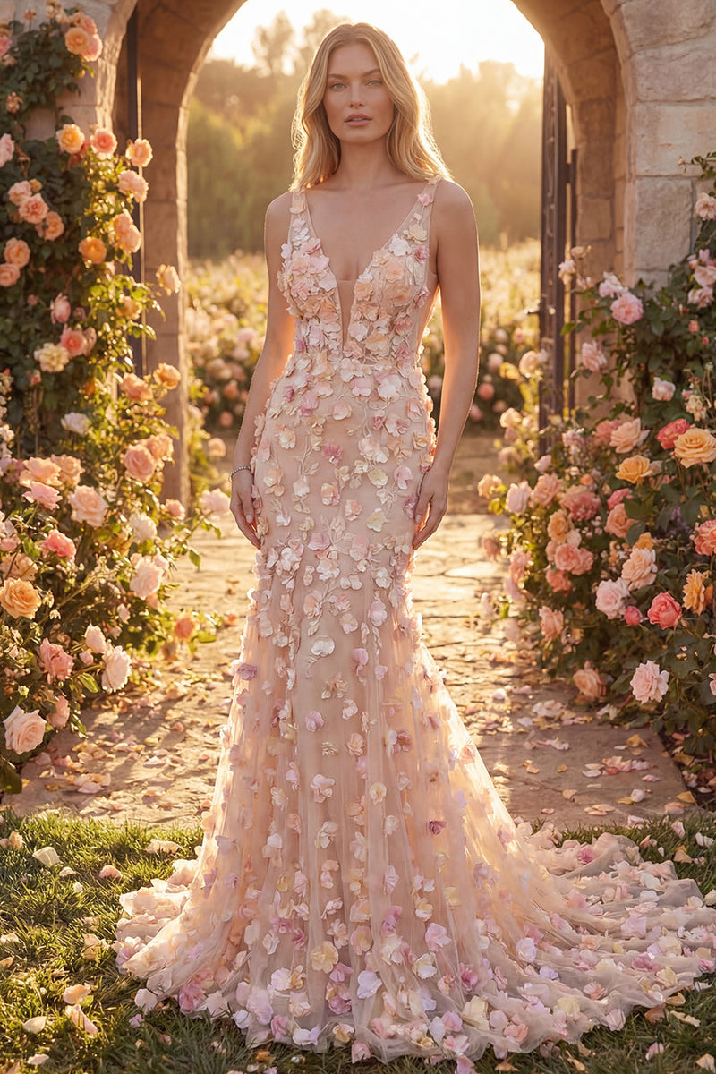 Load image into Gallery viewer, Champagne V-Neck Mermaid Long Floral Prom Dress