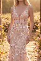 Load image into Gallery viewer, Champagne V-Neck Mermaid Long Floral Prom Dress