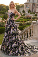 Load image into Gallery viewer, Black Pink Flower Strapless Ball Gown Long Prom Dress
