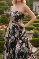 Load image into Gallery viewer, Black Pink Flower Strapless Ball Gown Long Prom Dress