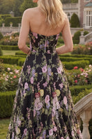 Load image into Gallery viewer, Black Pink Flower Strapless Ball Gown Long Prom Dress