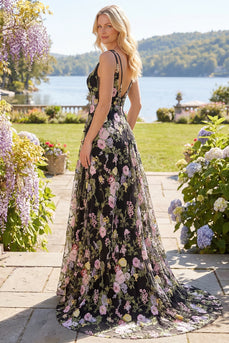 A Line V-Neck Black Pink Flower Long Prom Dress