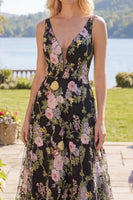 Load image into Gallery viewer, A Line V-Neck Black Pink Flower Long Prom Dress