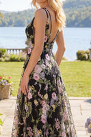 Load image into Gallery viewer, A Line V-Neck Black Pink Flower Long Prom Dress