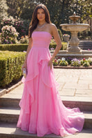 Load image into Gallery viewer, A Line Hot Pink Long Strapless Ruched Prom Dress with Ruffles