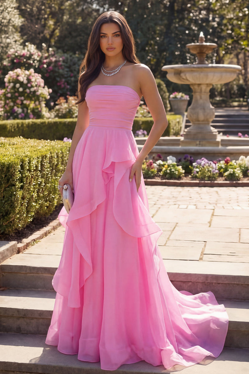 Load image into Gallery viewer, A Line Hot Pink Long Strapless Ruched Prom Dress with Ruffles