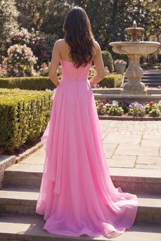 A Line Hot Pink Long Strapless Ruched Prom Dress with Ruffles