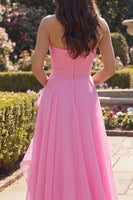 Load image into Gallery viewer, A Line Hot Pink Long Strapless Ruched Prom Dress with Ruffles