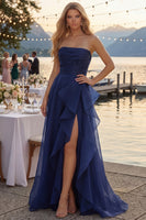 Load image into Gallery viewer, Navy A Line Long Strapless Ruched Prom Dress with Ruffles