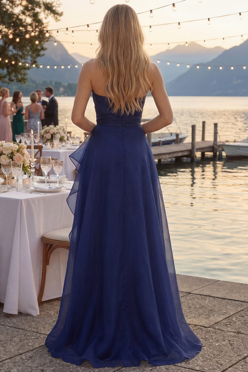 Load image into Gallery viewer, Navy A Line Long Strapless Ruched Prom Dress with Ruffles